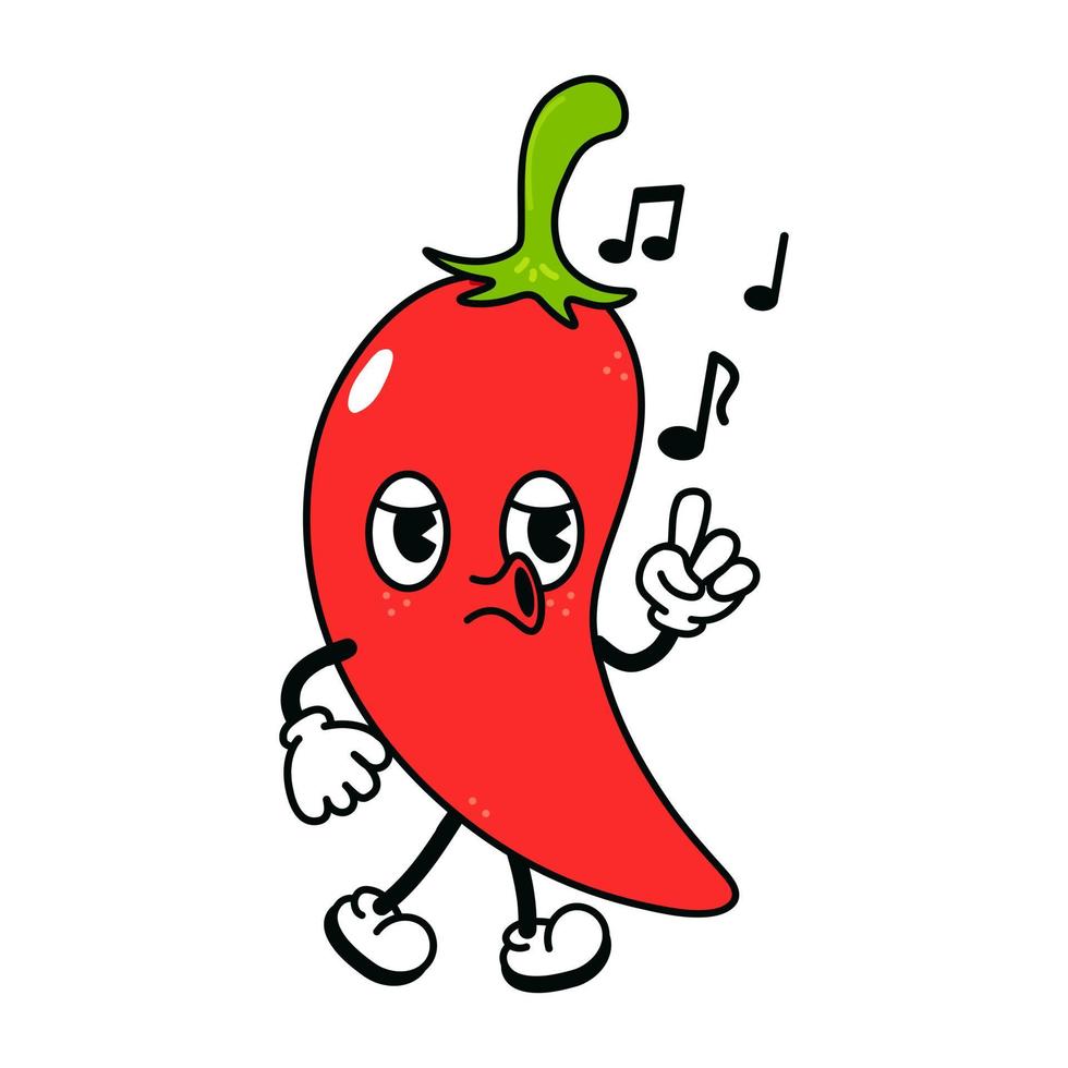Cute funny chili pepper walking singing character. Vector hand drawn traditional cartoon vintage, retro, kawaii character illustration icon. Isolated on white background. Chili pepper walk and sing