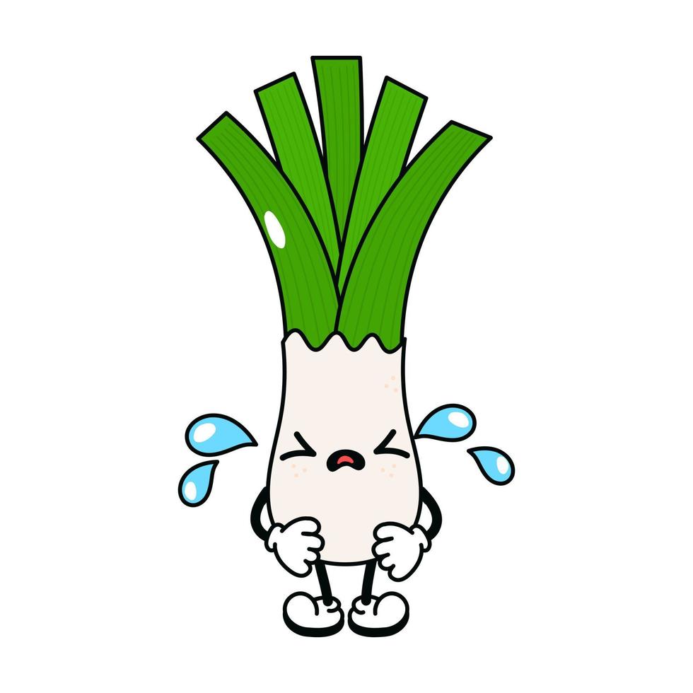 Cute funny crying sad leek character. Vector hand drawn traditional cartoon vintage, retro, kawaii character illustration icon. Isolated on white background. Cry leek character concept