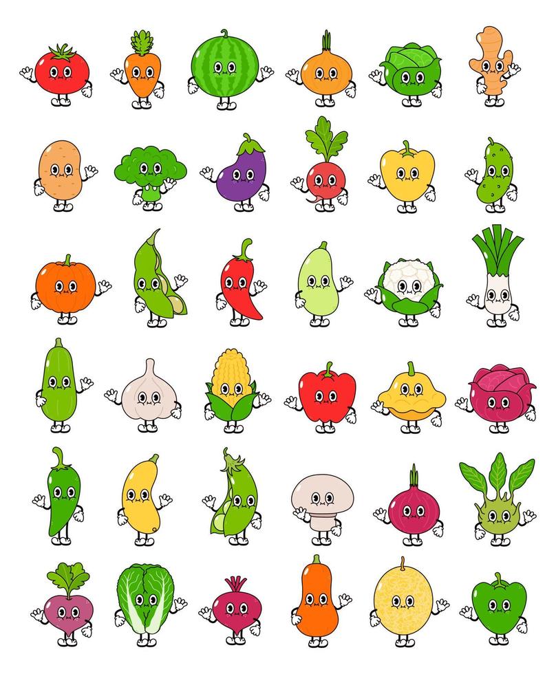 Funny cute happy vegetables characters bundle set. Vector hand drawn cartoon kawaii character illustration icon. Isolated on white background. Cute vegetables mascot character collection