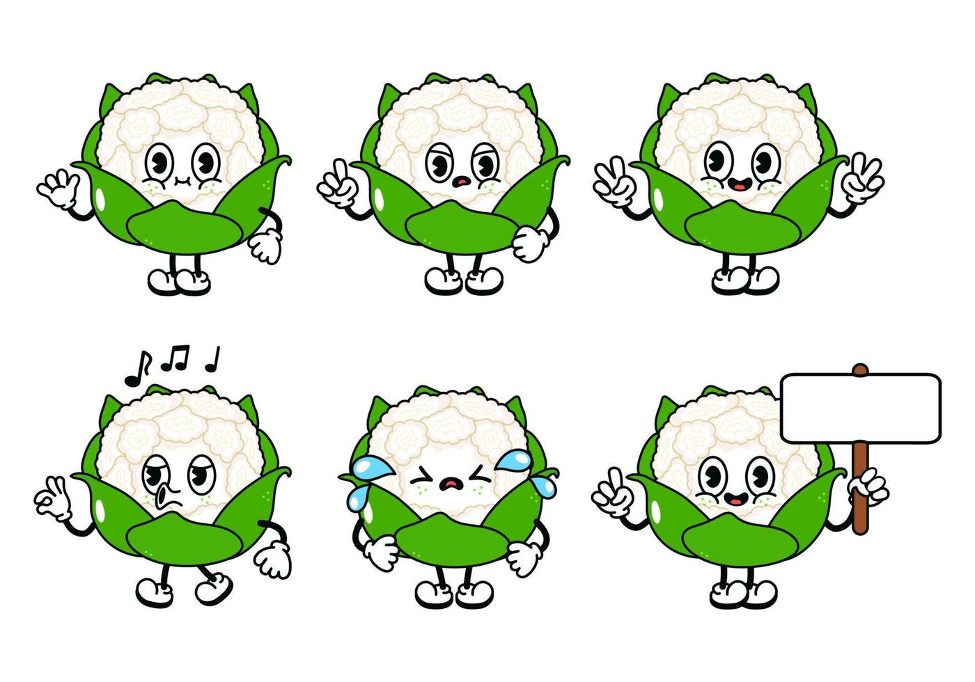 Funny cute cauliflower characters bundle set. Vector hand drawn doodle style traditional cartoon vintage, retro character illustration icon design. Isolated white background. Happy cabbage mascot