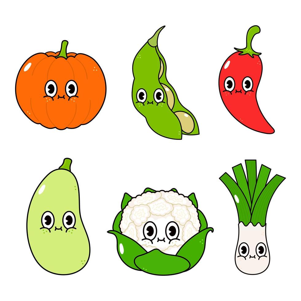conjunto de divertidos personajes de vegetales felices. icono de ilustración de personaje kawaii de dibujos animados dibujados a mano vectorial. aislado en el fondo. linda calabaza, frijoles, chile, tuétano, coliflor, puerro vector