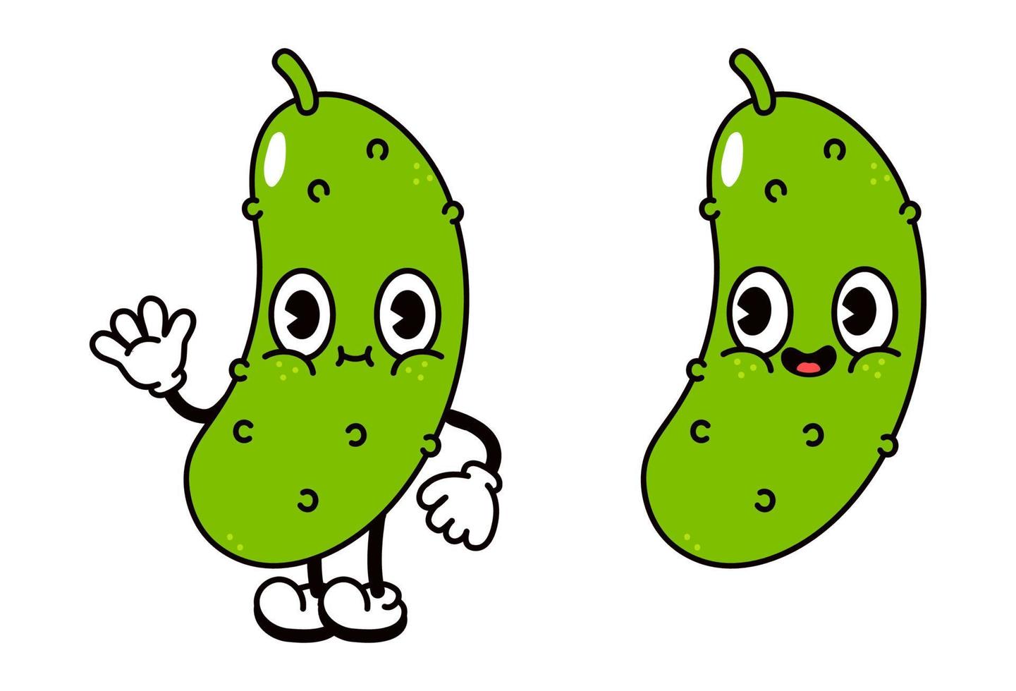 lindo personaje de pepino divertido. vector dibujado a mano dibujos animados tradicionales vintage, retro, icono de ilustración de carácter kawaii. aislado sobre fondo blanco. concepto de personaje de pepino