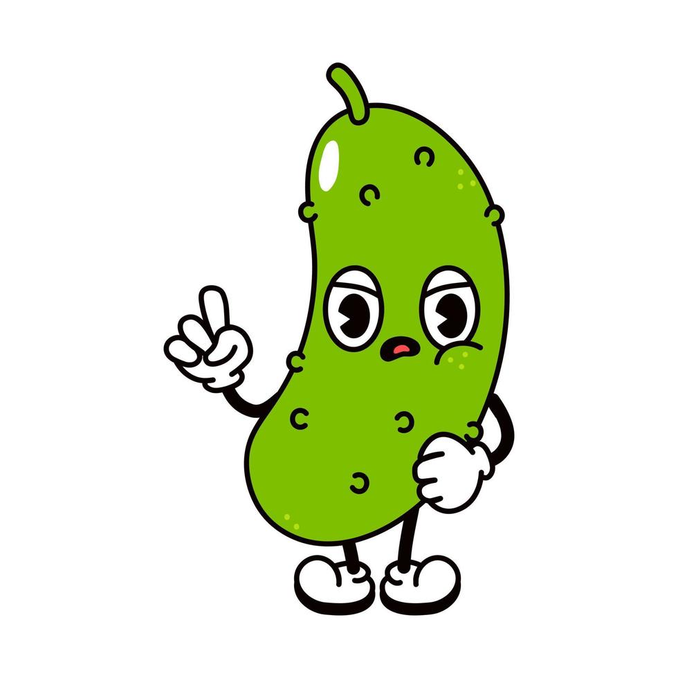 lindo personaje de pepino triste enojado. vector dibujado a mano dibujos animados tradicionales vintage, retro, icono de ilustración de carácter kawaii. aislado sobre fondo blanco. concepto de personaje de pepino enojado