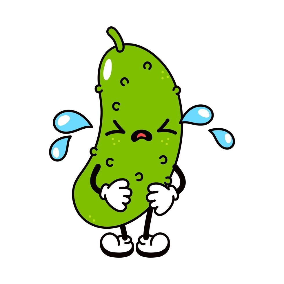 Cute funny crying sad cucumber character. Vector hand drawn traditional cartoon vintage, retro, kawaii character illustration icon. Isolated on white background. Cry cucumber character concept