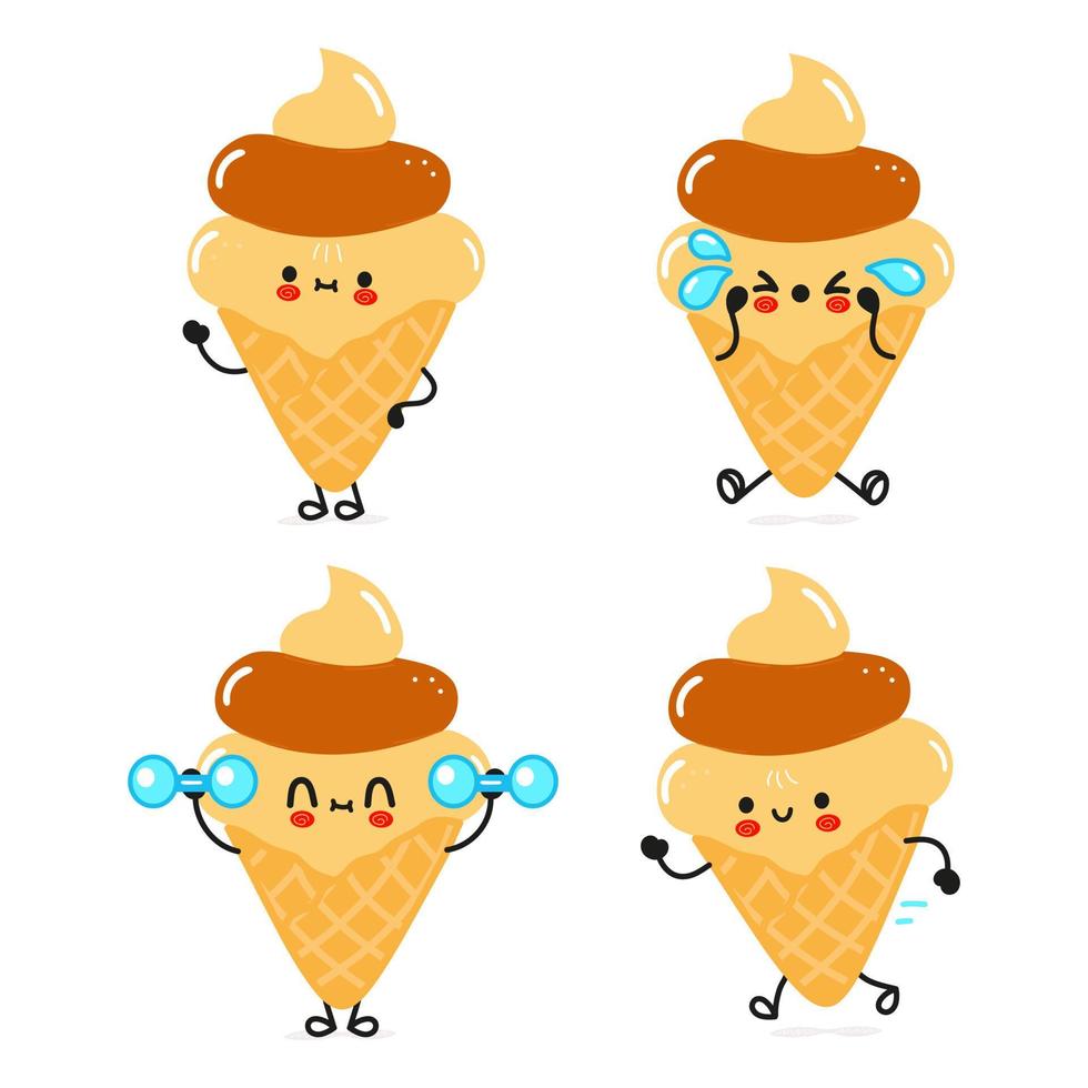 Funny cute happy ice cream characters bundle set. Vector hand drawn doodle style cartoon character illustration icon design. Cute ice cream mascot character collection
