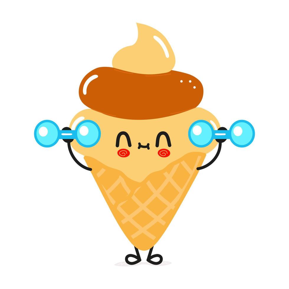 lindo personaje de helado divertido con pesas. icono de ilustración de personaje kawaii de dibujos animados dibujados a mano vectorial. aislado sobre fondo blanco. concepto de gimnasio de personaje de helado vector