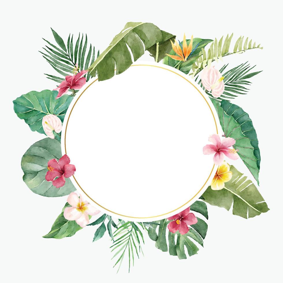 Circular Banner with Tropical Flowers and Green Leaves vector