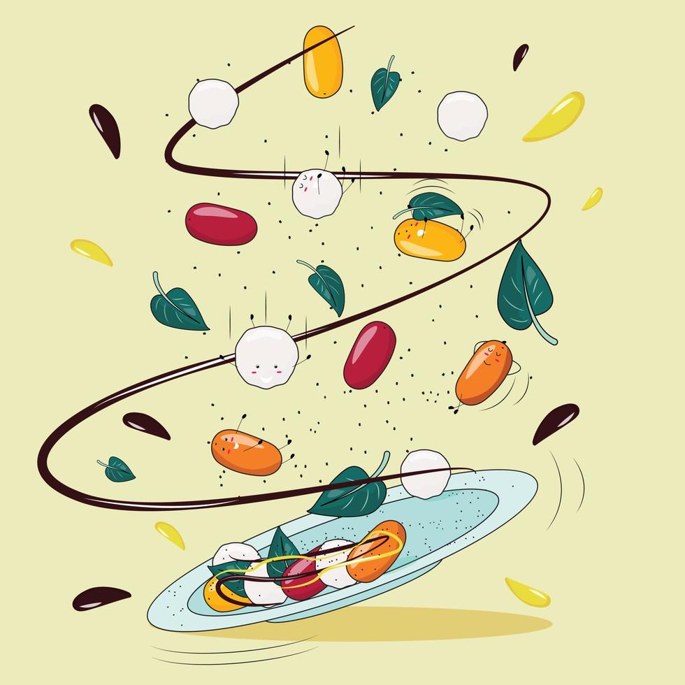 ensalada caprese en estilo de línea de dibujos animados. tomates cherry y bolas de queso mozzarella cayendo sobre el plato. ilustración dinámica. ilustración de dibujos animados vectoriales para tarjetas, pancartas, menús y fondos. vector