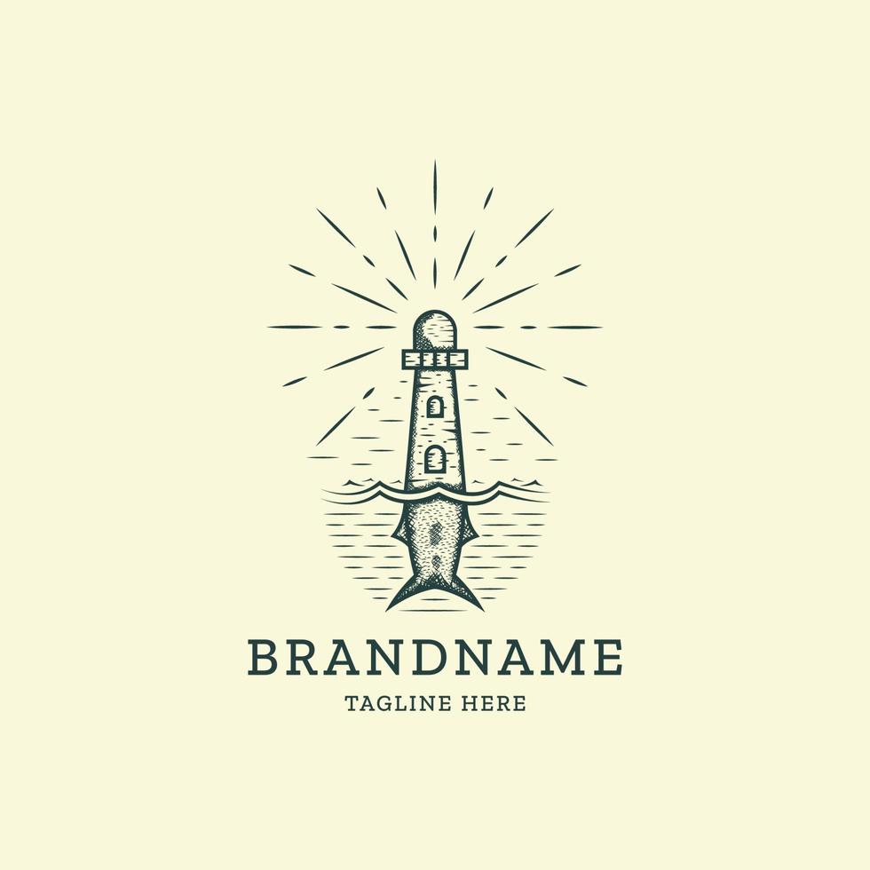 Lighthouse and fish tail vintage retro logo design template vector