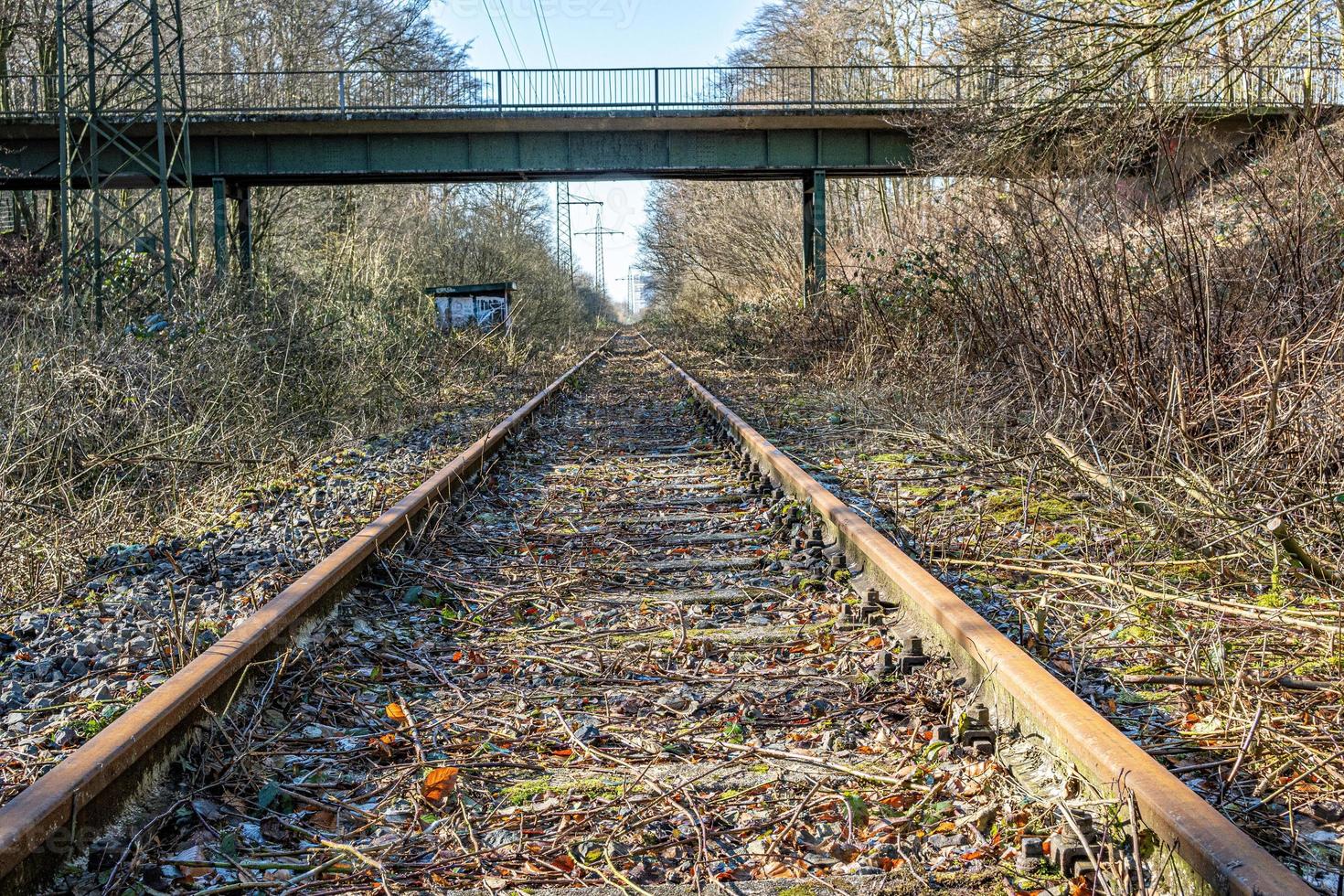 ferrocarril antiguo y rústico con hojas secas y pastos durante el otoño foto