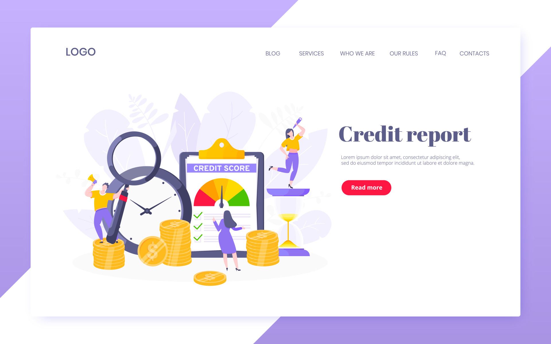 Credit score report with arrow gauge speedometer indicator with color