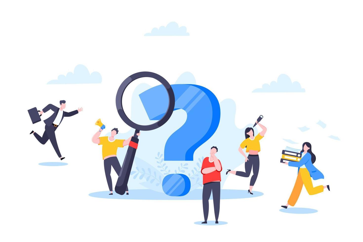 Q and A or FAQ concept with tiny people characters, big question mark, frequently asked questions template. vector