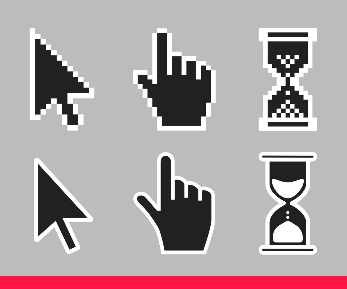 Pointer hand, arrow and hourglass loading clock mouse cursors vector