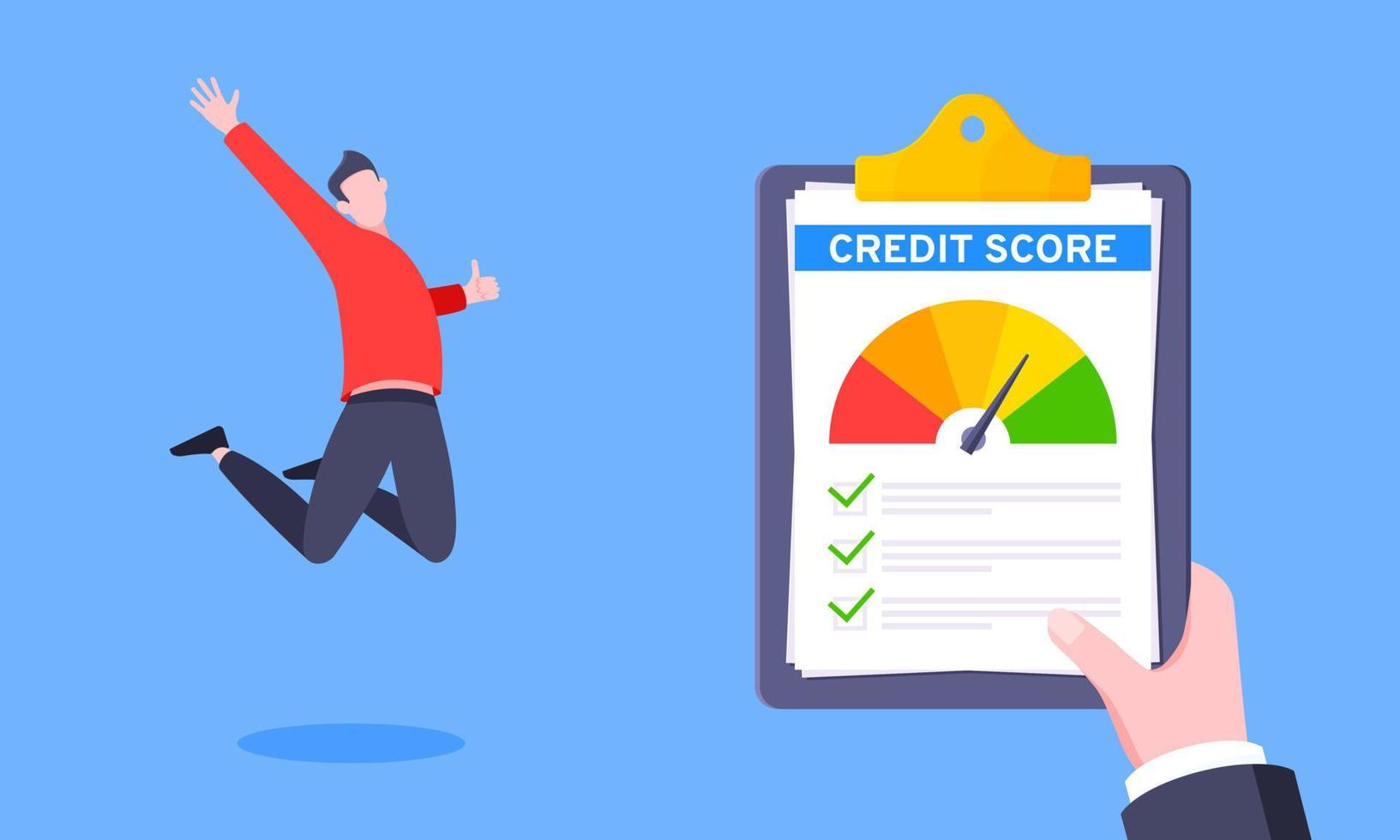 Good credit score business concept with clipboard, score gauge meter and happy person jumping in the air. vector