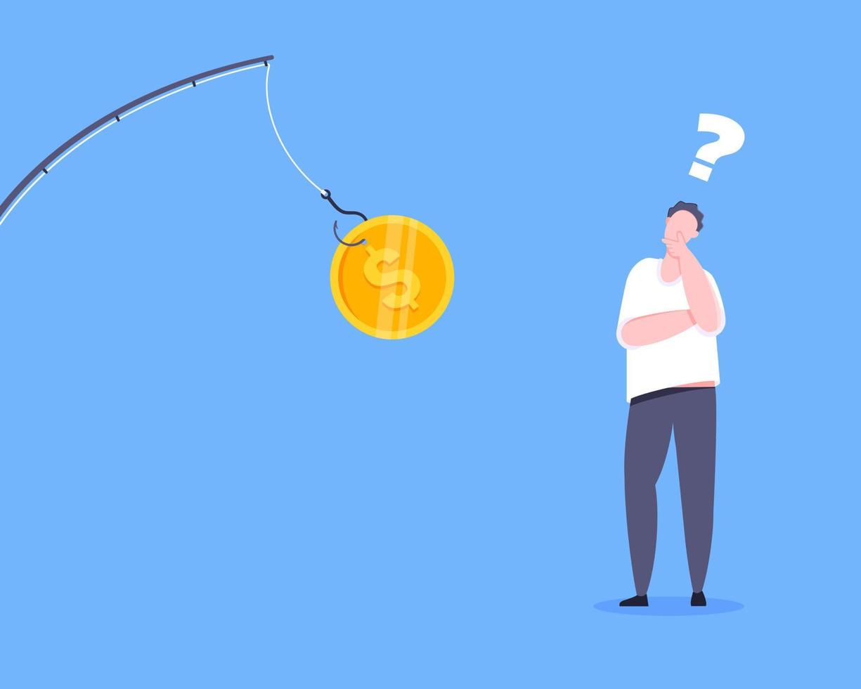 Fishing money bait on the hook and uncertain young man standing in front of and thinking. vector