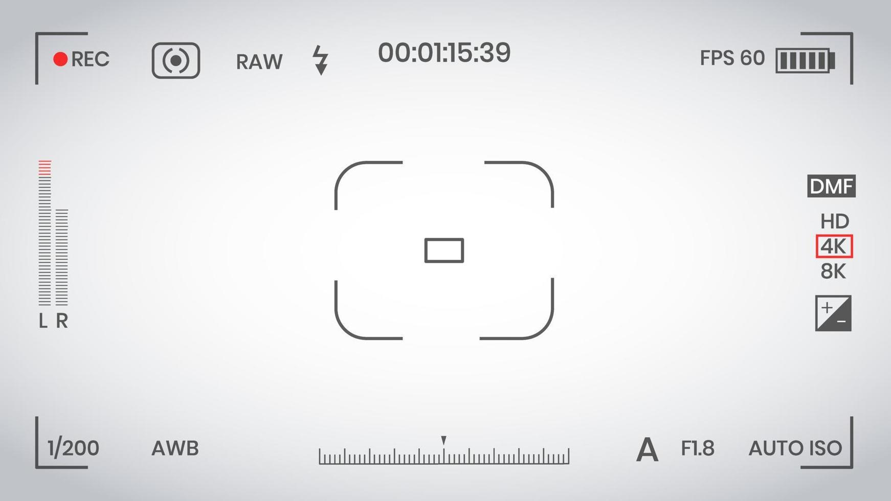 Camera viewfinder video or photo frame recorder flat style design vector illustration. Digital camera viewfinder with exposure settings and focusing grid template.