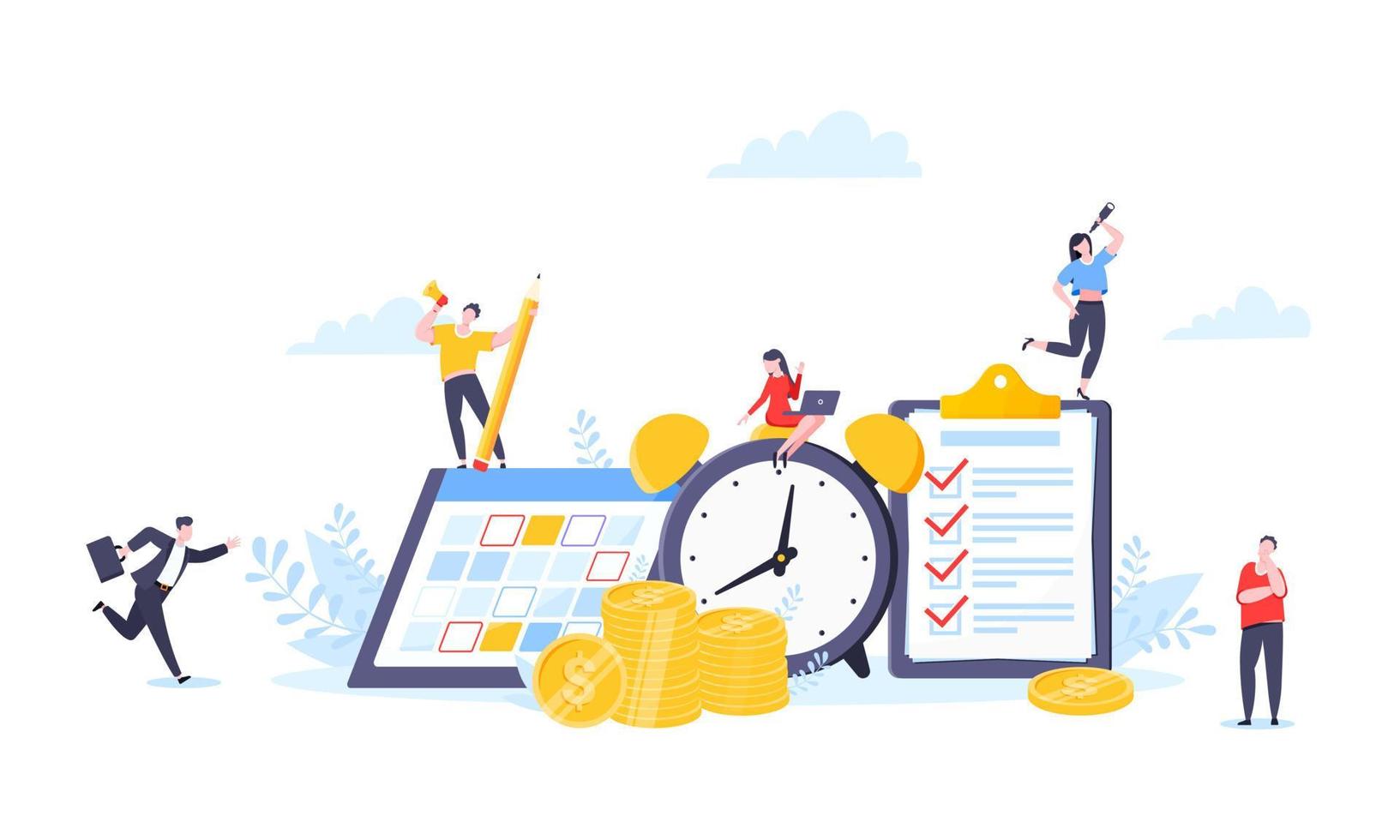 Time is money or saving money business concept. Tiny people working with clock, calendar schedule and checklist symbol. vector