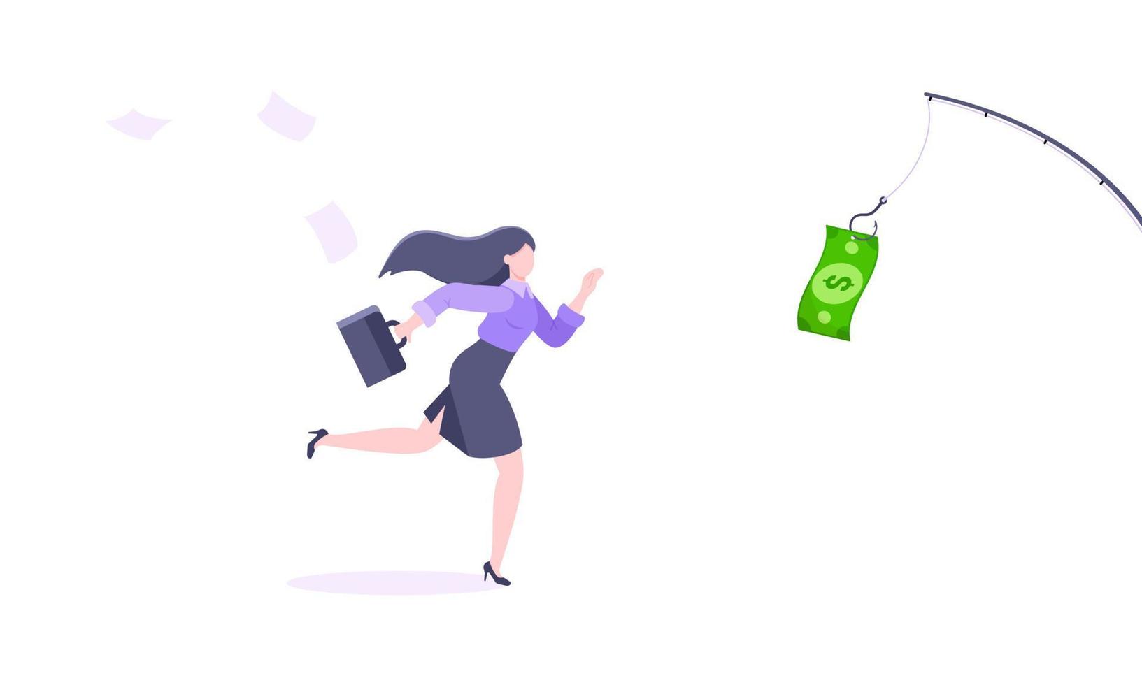 Money chase business concept with businesswoman running after dangling dollar vector