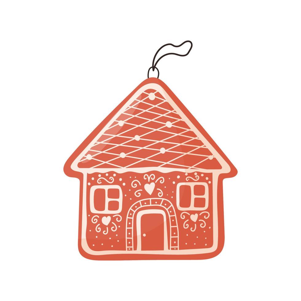 Gingerbread house with hanger for Christmas tree, flat vector illustration isolated on white background. Cute and delicious winter ornament.