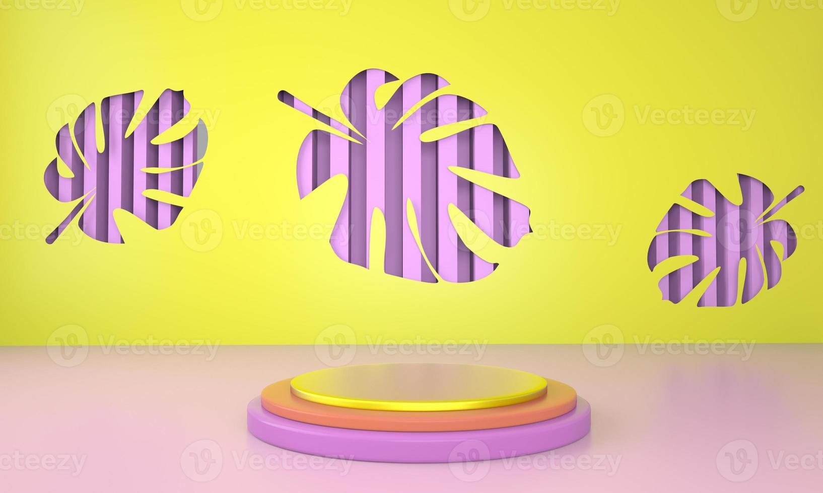Mockup, podium, display with monstera leaves tropical plant background, 3d render photo