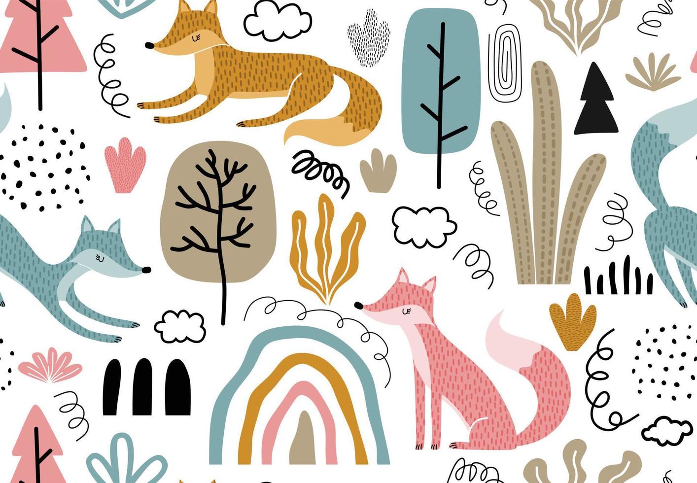Seamless pattern with foxes and leaf. vector