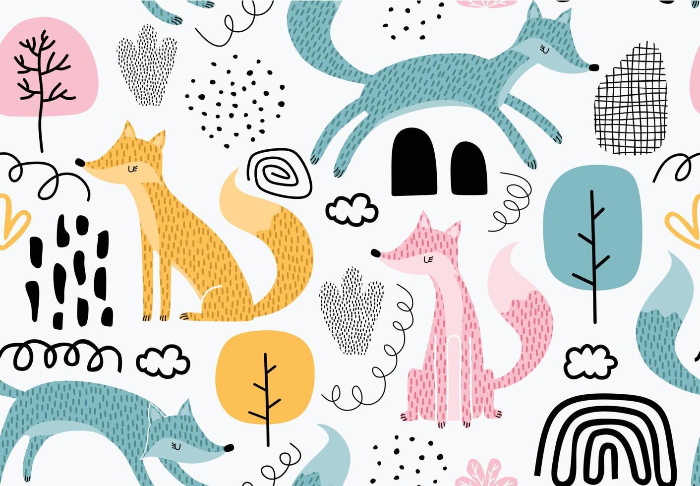 Seamless pattern with foxes and leaf. vector