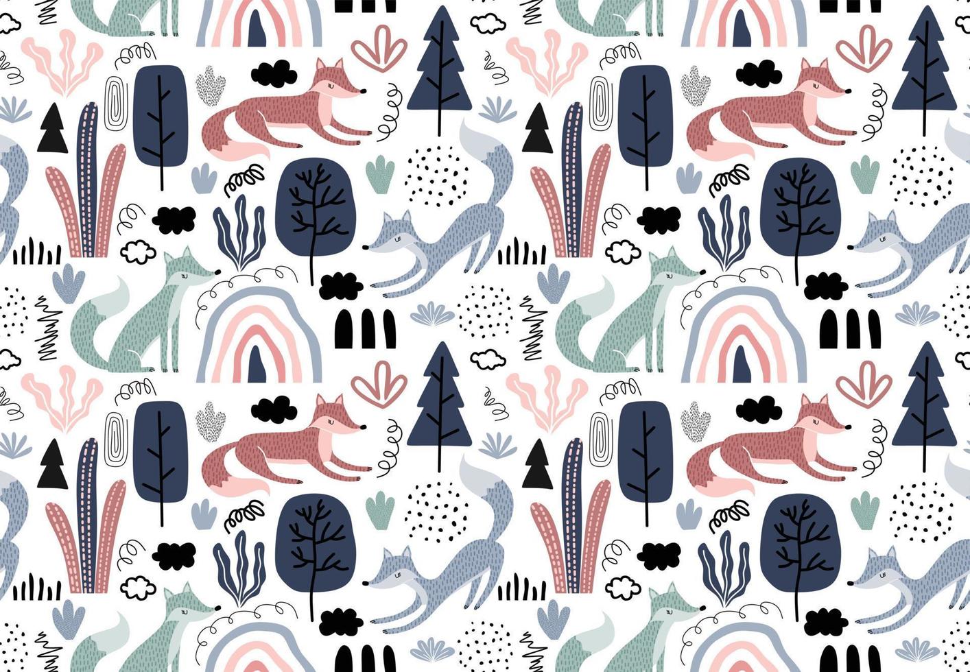 Seamless pattern with foxes and leaf. vector