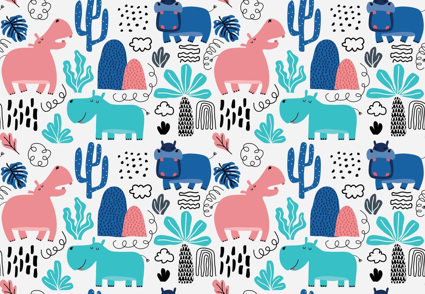 hand drawn seamless pattern with cute hippos vector