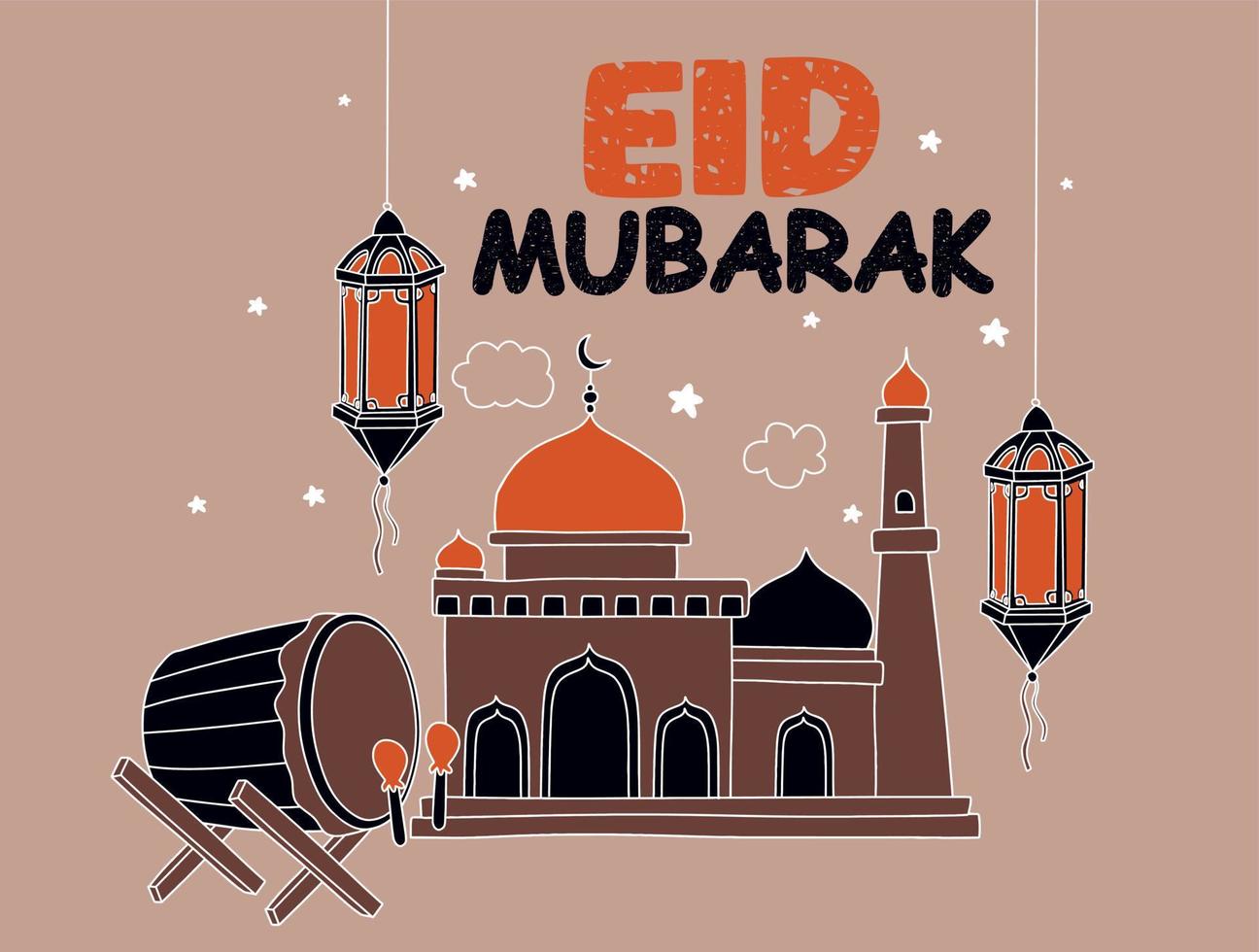 Happy Eid with mosque and lantern background vector