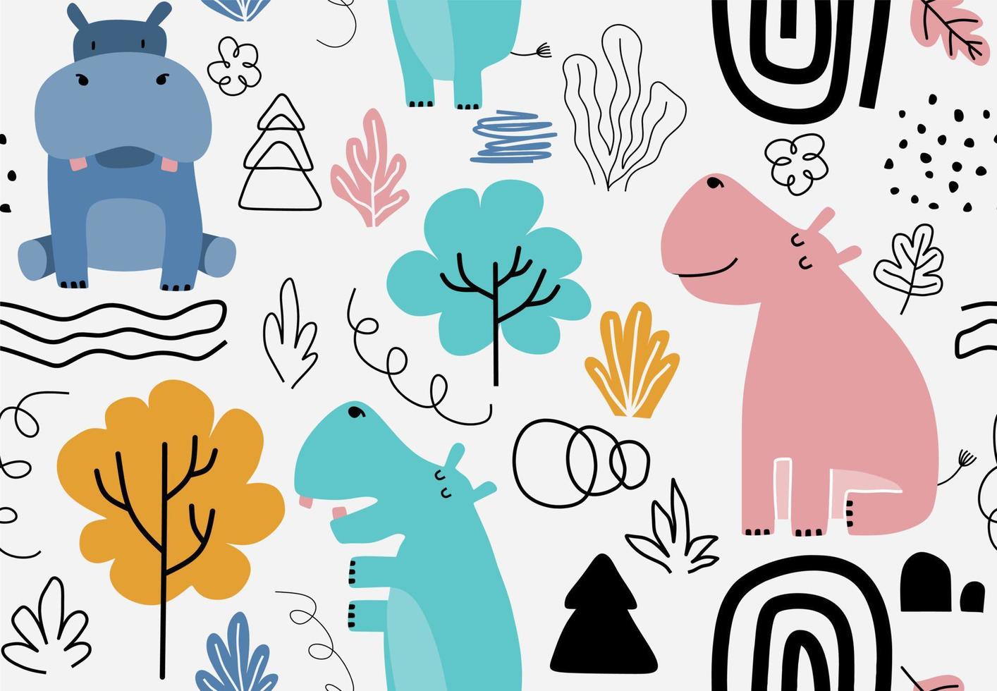 hand drawn seamless pattern with cute hippos vector