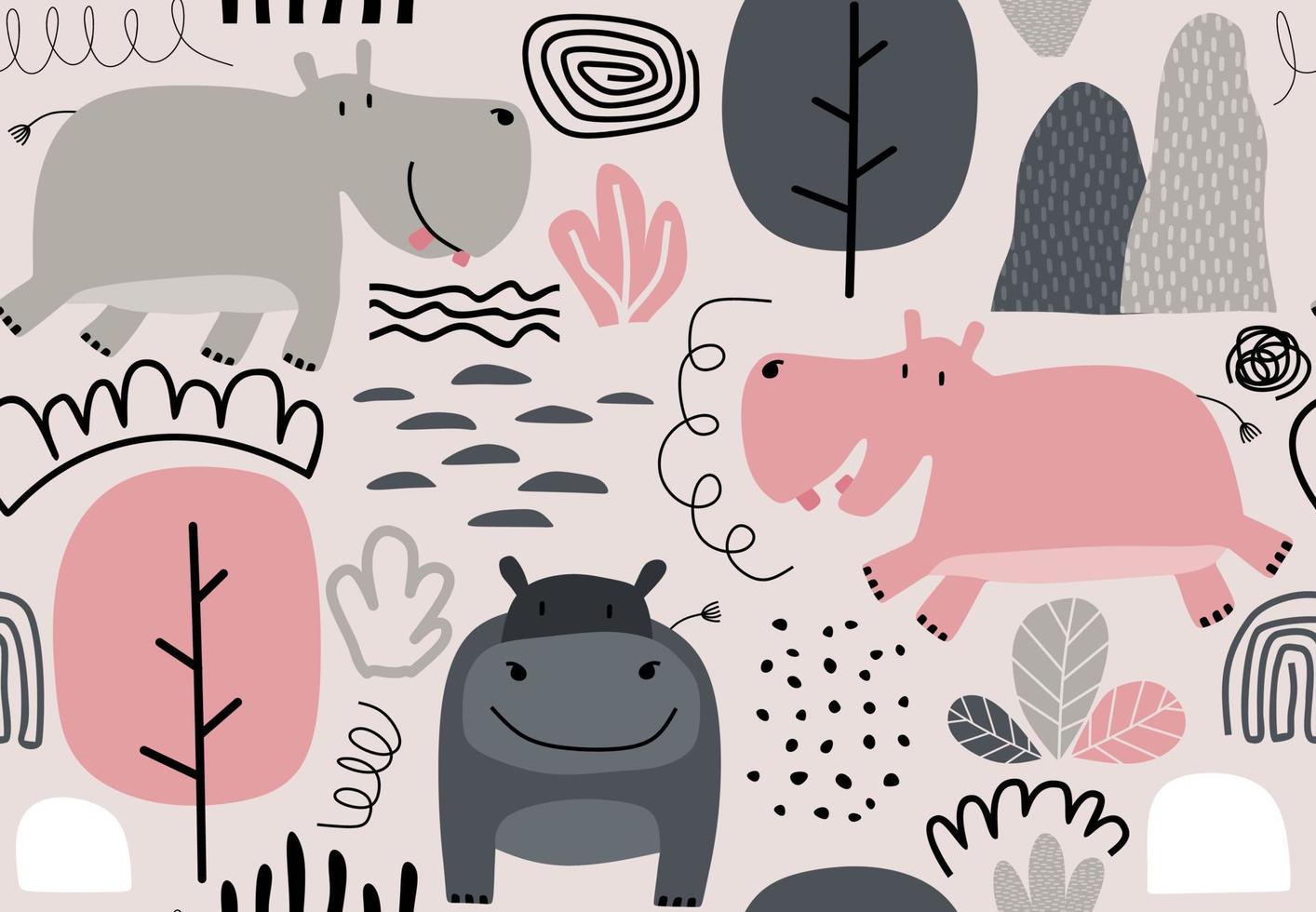 hand drawn seamless pattern with cute hippos vector
