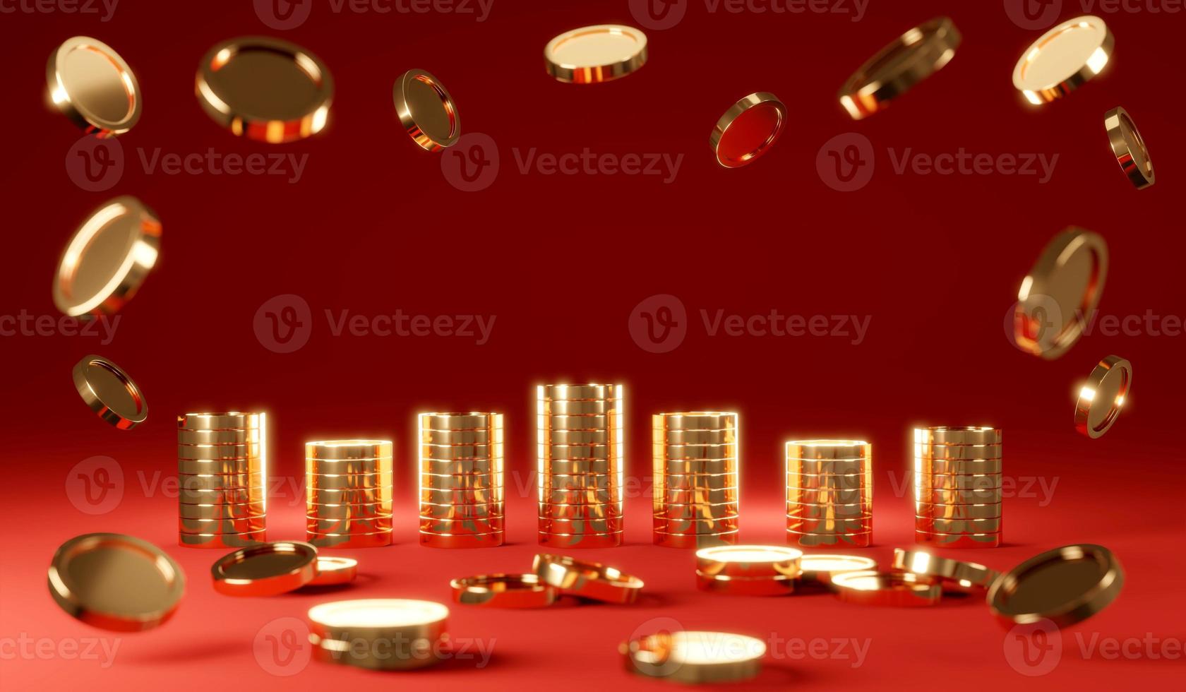 3D Rendering concept of money treasury, casino winning bonus coins background. Rain coins with stack of coins with blurred coins foreground on red background. 3D Render. 3D illustration. photo