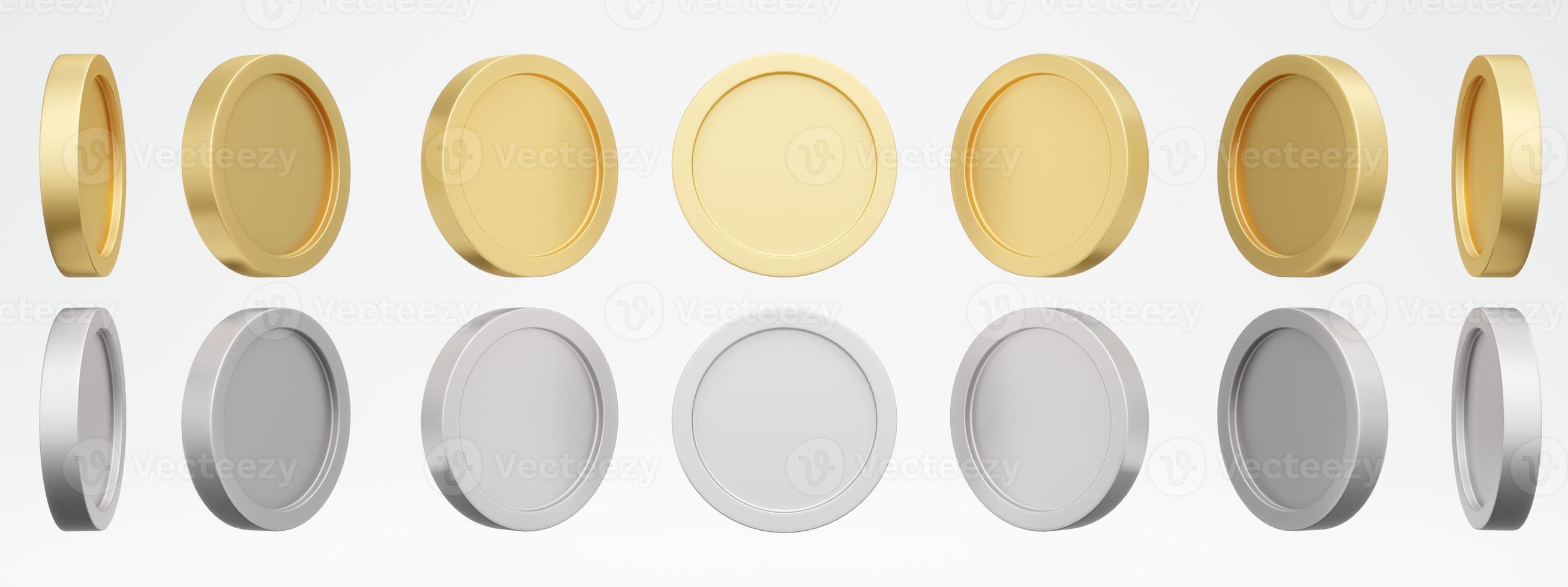 3D Rendering concept of golden and silver coins. Set of spinning gold silver coins in many views rotate in different angles isolated on white background. 3D Render. 3d illustration. photo