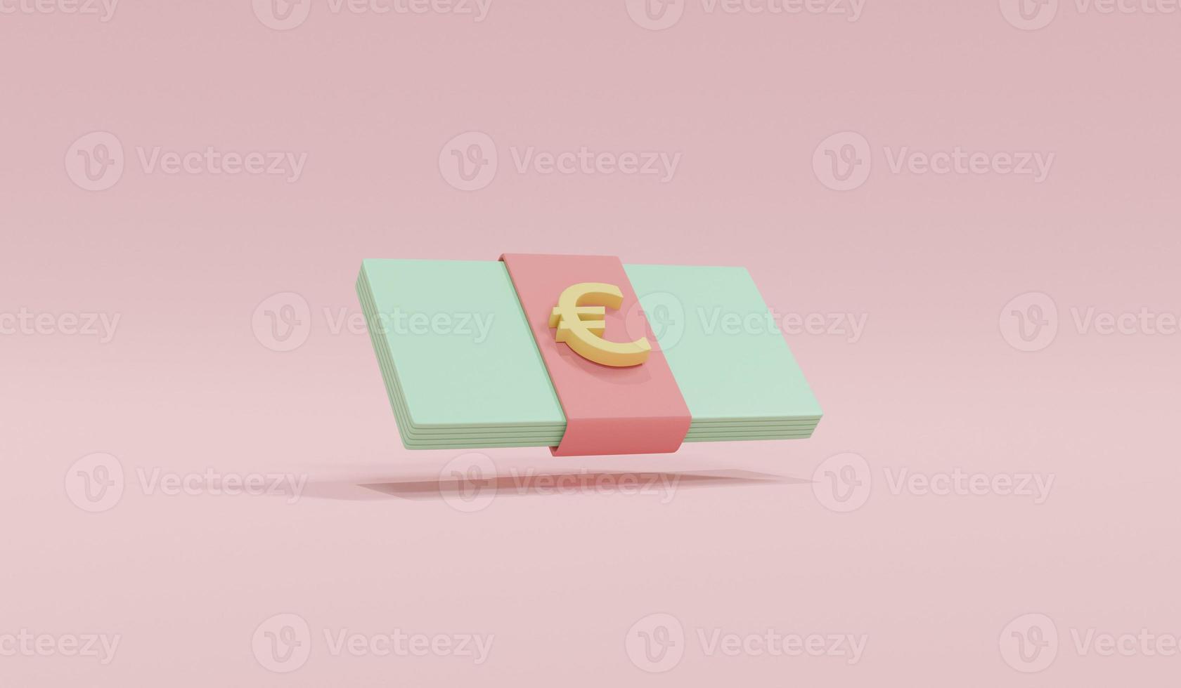 3d Rendering concept of Euro currency money finance. Cartoon style in pastel of pack of Euro money bill on pink background. 3D Render. 3D illustration. photo