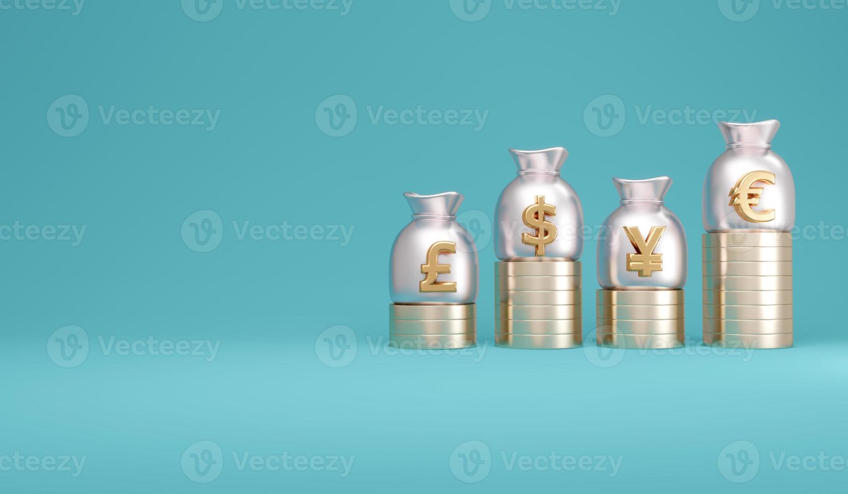 3D Rendering concept of money currencies.  currency money bag on a stack of coins with space for text on the background. Symbols us dollar, pound sterling, euro, japan yen. 3D Render. 3d illustration. photo