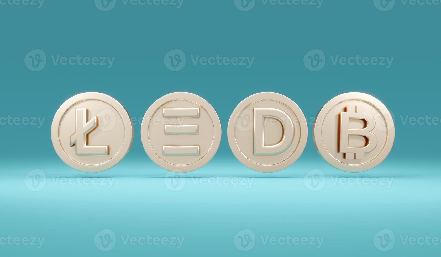 3D Rendering concept of cryptocurrency. Cryptocurrency symbols on coins on background. 3D Render. 3d illustration. Minimal idea style. Bitcoin, Ethereum, Dogecoin, litecoin. photo