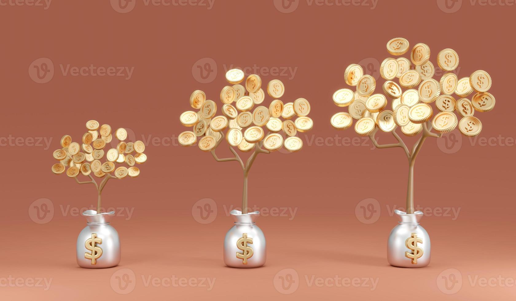 3D Rendering of money tree arrange small to big on money bag on background concept of financial investment, financial growth photo