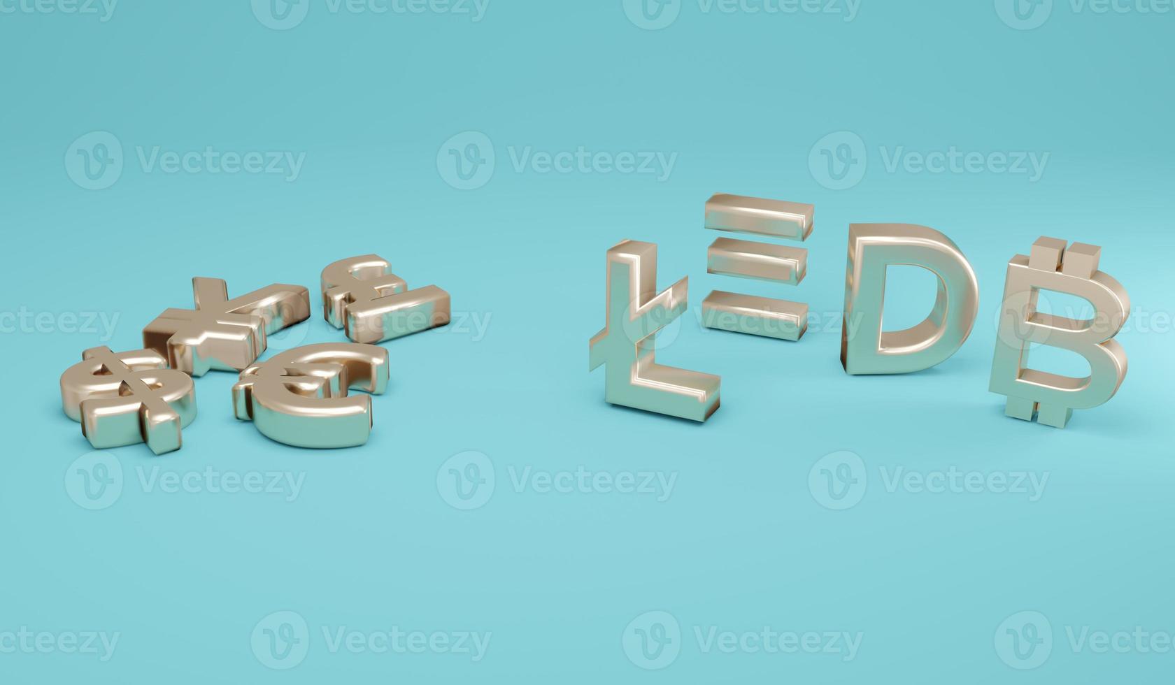 3D Rendering concept of money currencies comparison. Flat lay fiat currency and standing cryptocurrency symbols on background. 3D Render. 3d illustration. Minimal idea style. photo