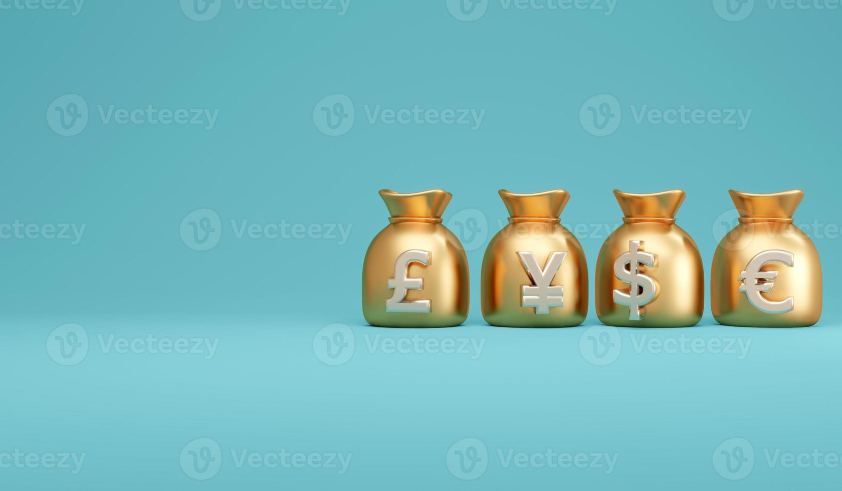 3D Rendering concept of money currencies. Fiat currency money bag with space for text on background. Symbols us dollar, pound , euro, japan yen. 3D Render. 3d illustration. photo