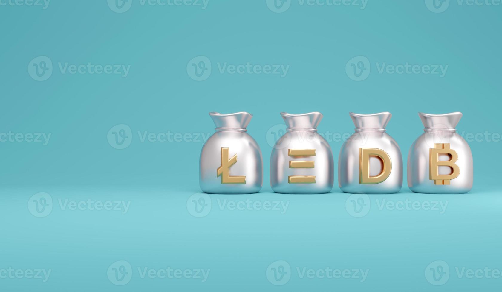 3D Rendering concept of cryptocurrency. Cryptocurrency money bag with space for text on background. 3D Render. 3d illustration. Bitcoin, Ethereum, Dogecoin, litecoin. photo