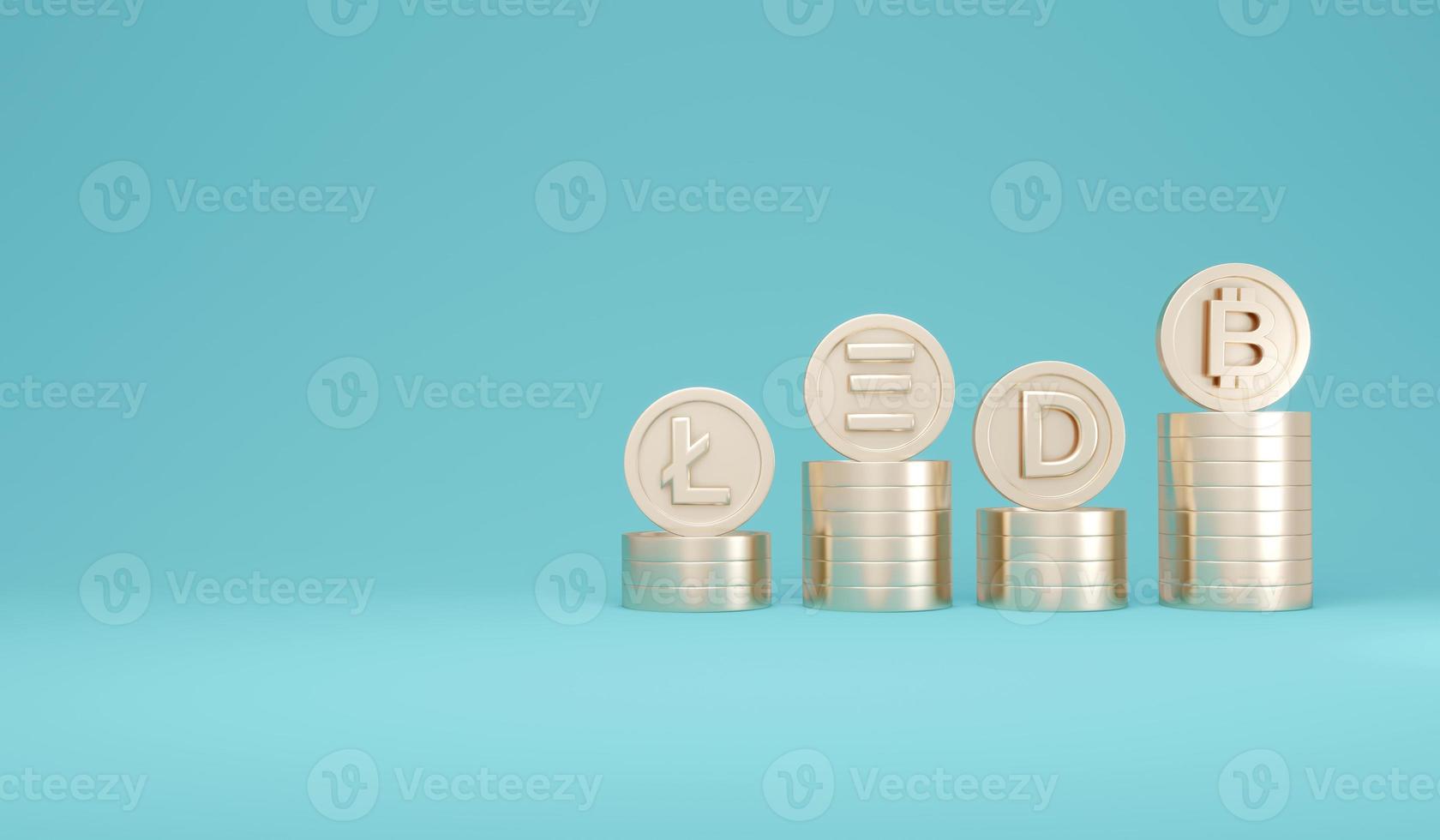 3D Rendering concept of cryptocurrency. Cryptocurrency symbols on coins standing on stack of coins on background. 3D Render. 3d illustration. Minimal idea style. Bitcoin, Ethereum, Dogecoin, litecoin. photo