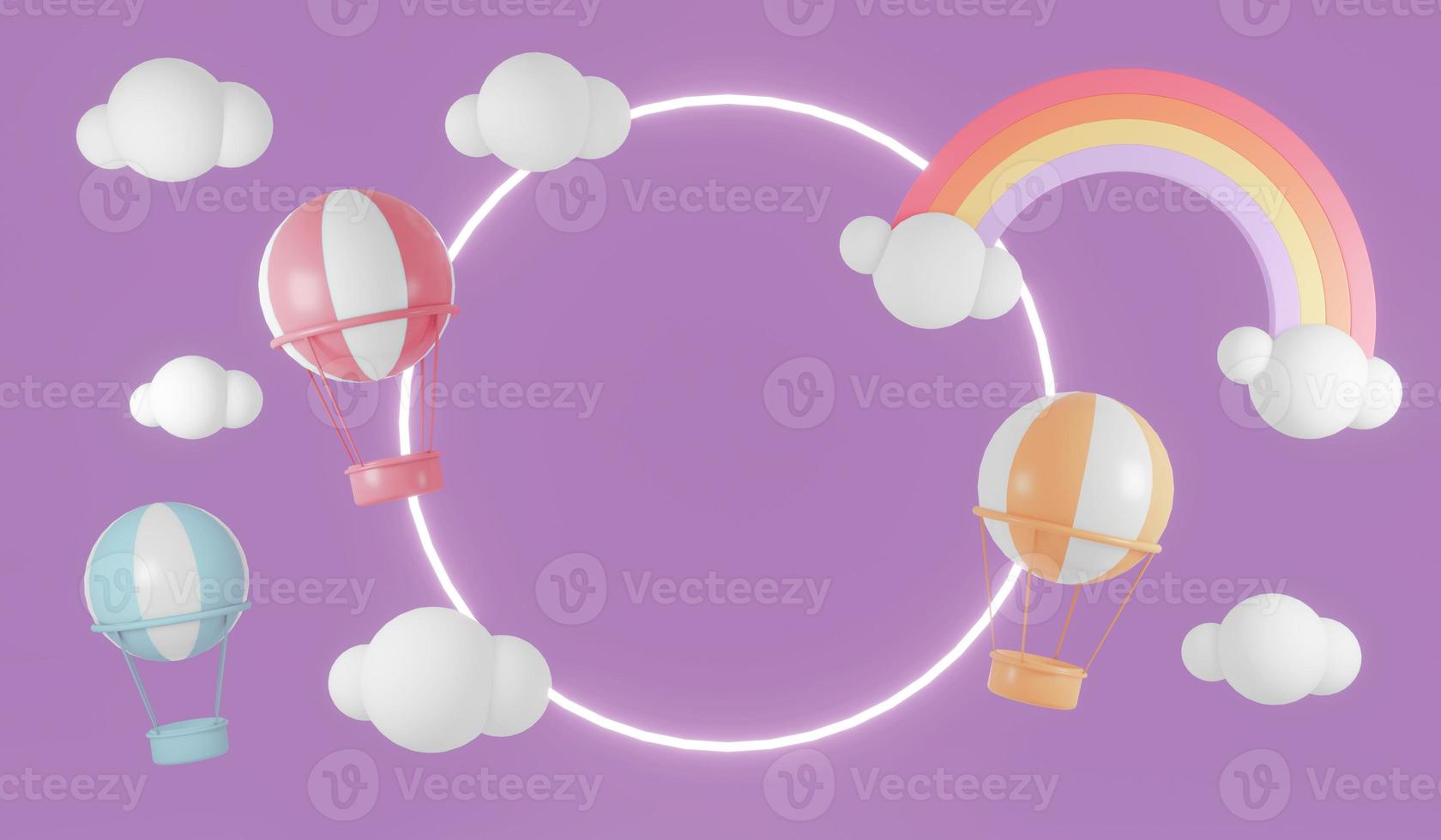 3D Rendering product display circle rings with rainbow clouds hot air balloons and stars on background for commercial design. Minimal purple theme. 3D Render illustration. photo