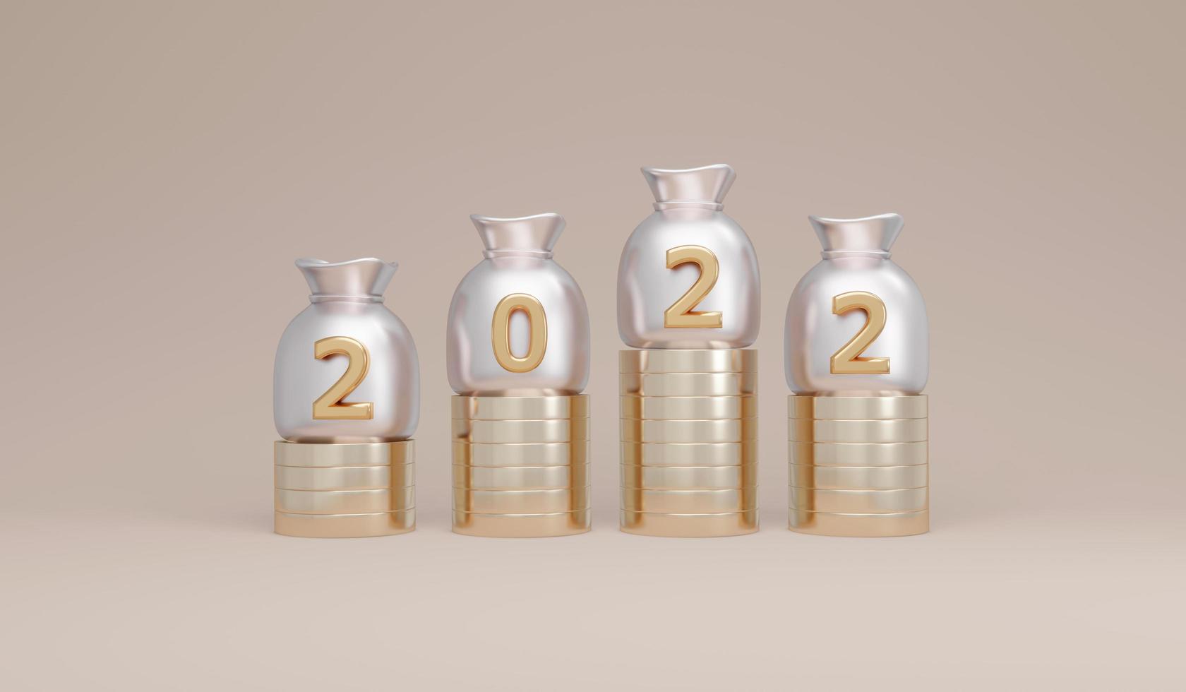 3D Rendering of money bag with text 2 0 2 2 on stack of coin concept of new year resolution financial goal. 3D Render. photo