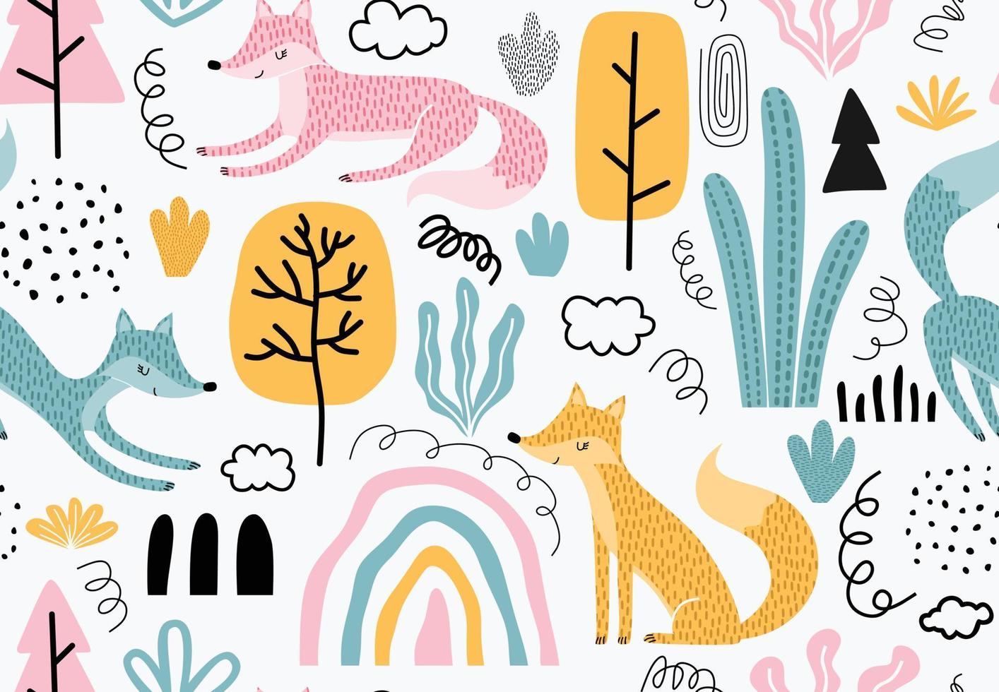 Seamless pattern with foxes and leaf. vector