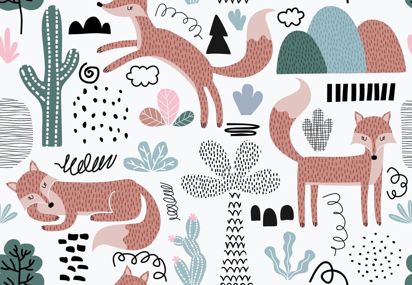 Seamless pattern with foxes and leaf. vector