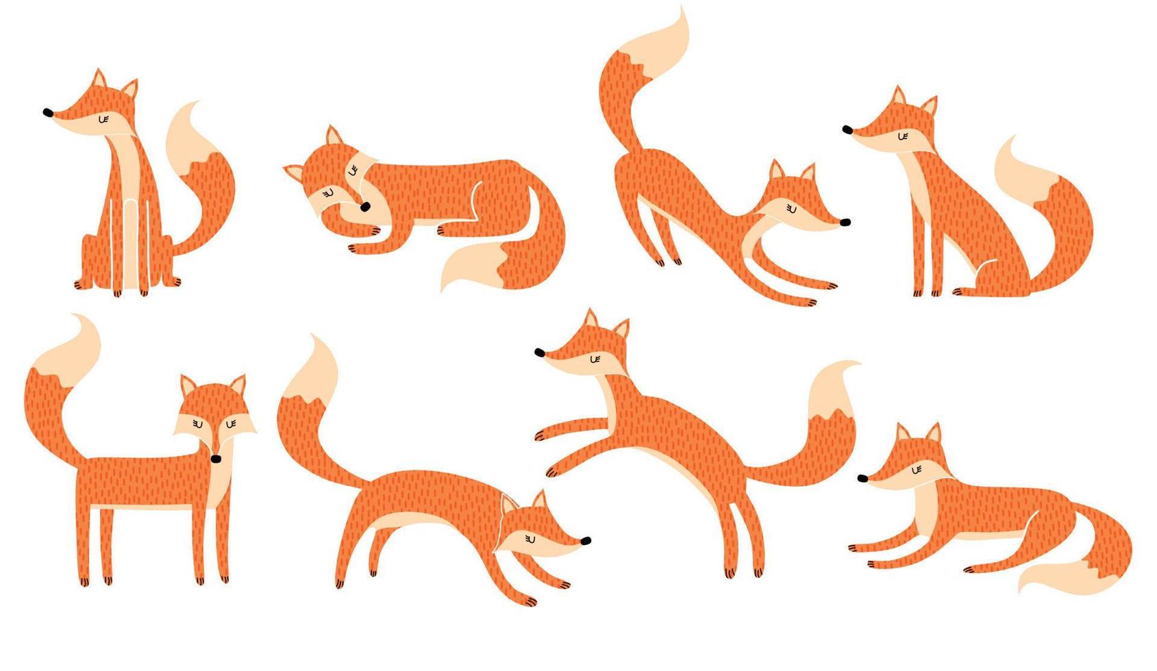 Set of cute cartoon foxes in modern simple flat style. vector