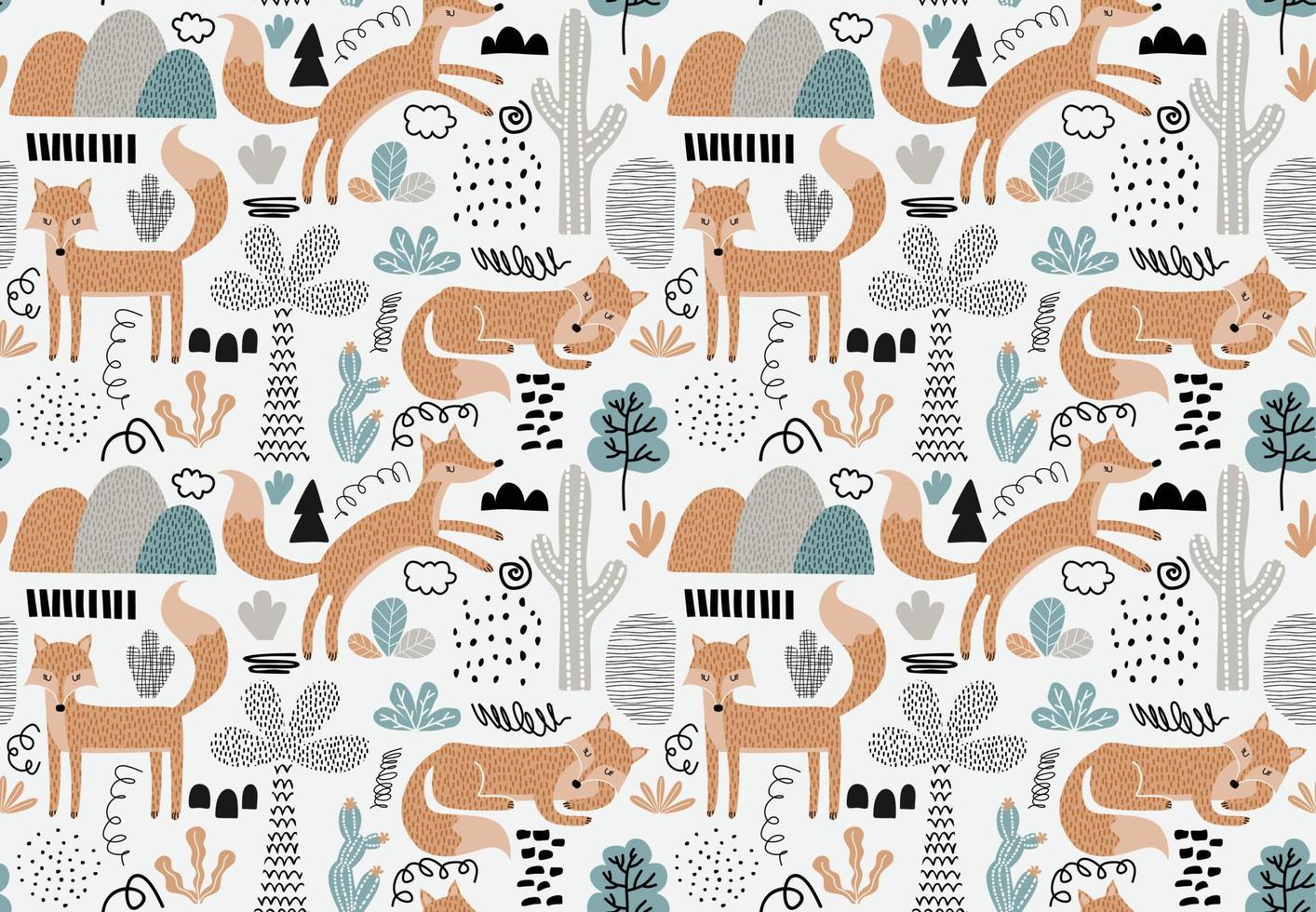 Seamless pattern with foxes and leaf. vector