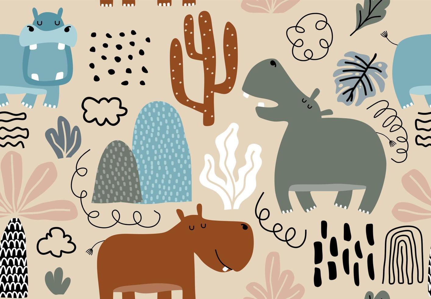 hand drawn seamless pattern with cute hippos vector