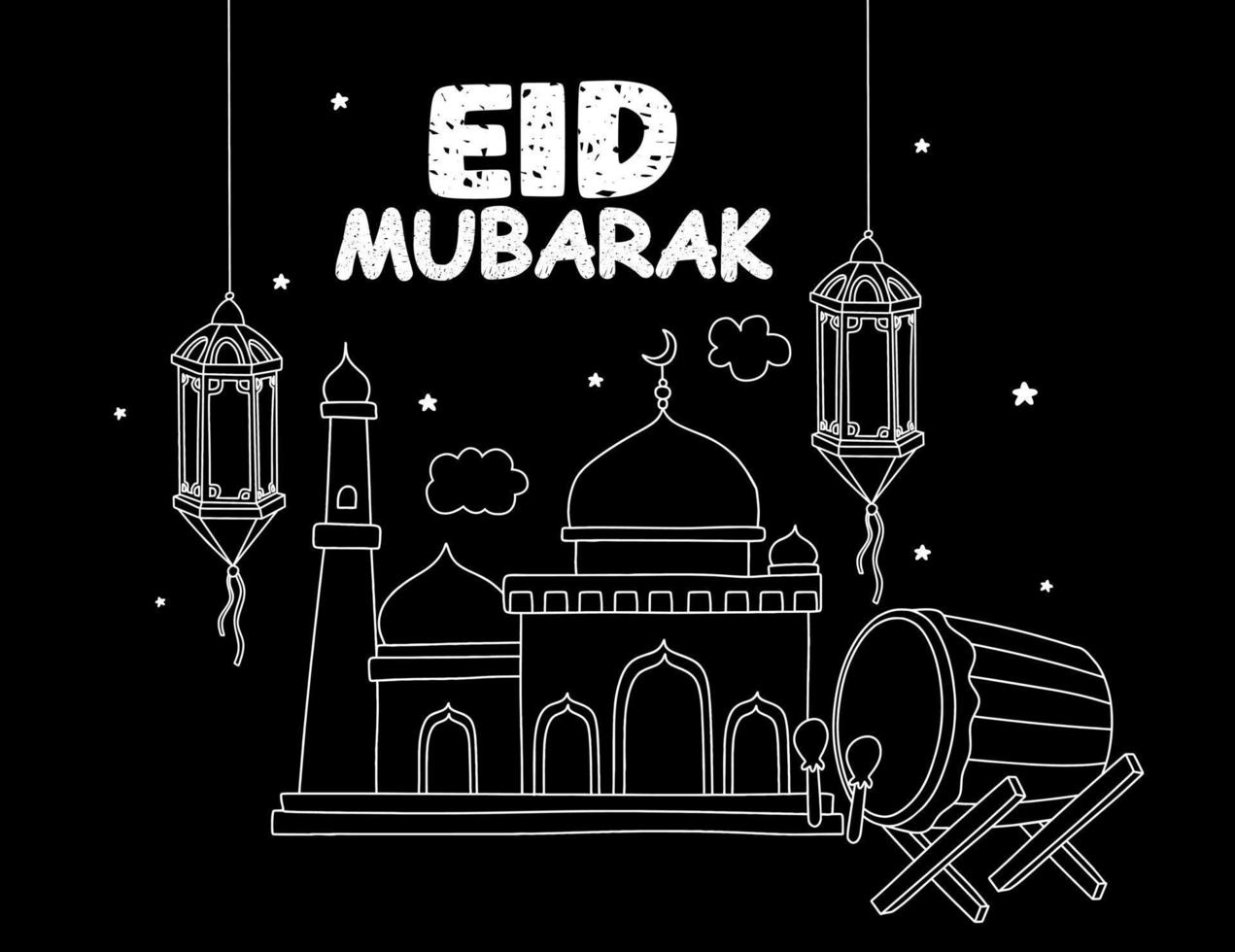 Happy Eid with mosque and lantern background vector