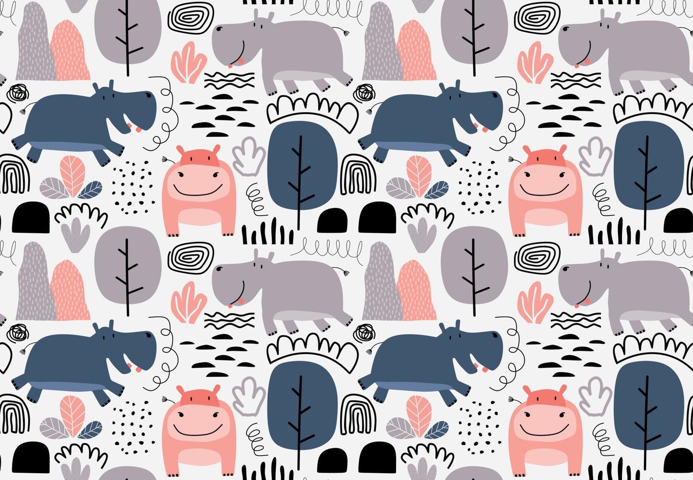hand drawn seamless pattern with cute hippos vector